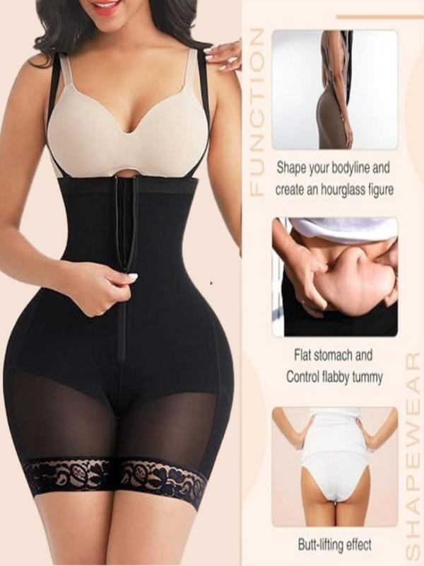 Women's Back To School Plain Contrast Lace Zipper Front Shapewear Romper with Detachable Adjustable Strap, Fall Wear, Adjustable Hook & Eye Closure Bodysuit, Fall Shapewear Tummy Control Fajas Para Mujer, High Waist Tummy Control Body Shapewear Sexy